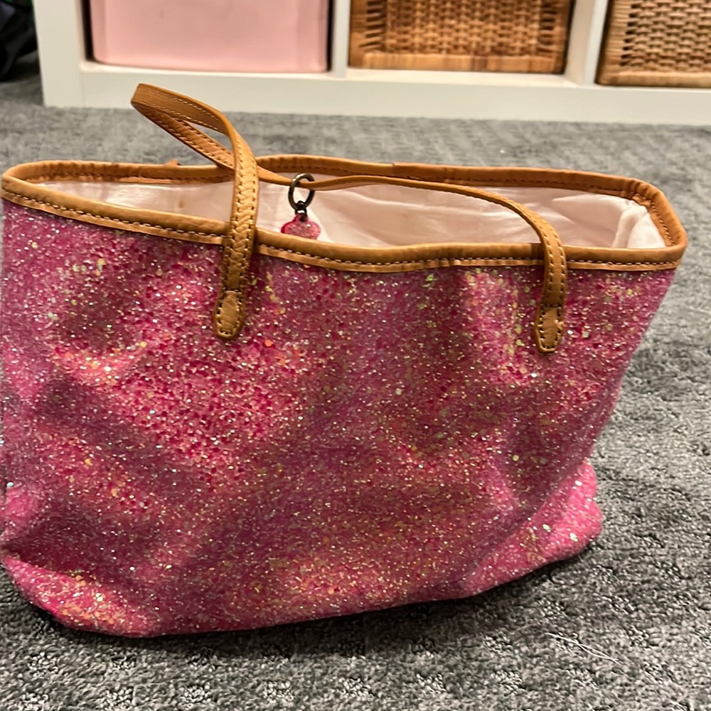 Crewcuts shopping bag.  Pink glitter with tan leather like handles